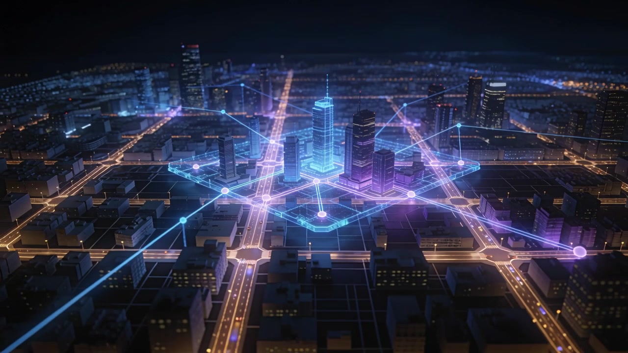 Torre ciano luminosa che avvia una rete olografica sopra il centro città, con linee al neon pulsanti tra i nodi.