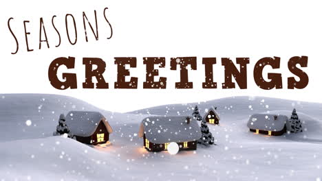 Animation-of-seasons-greetings-text-and-snow-falling-over-winter-scenery