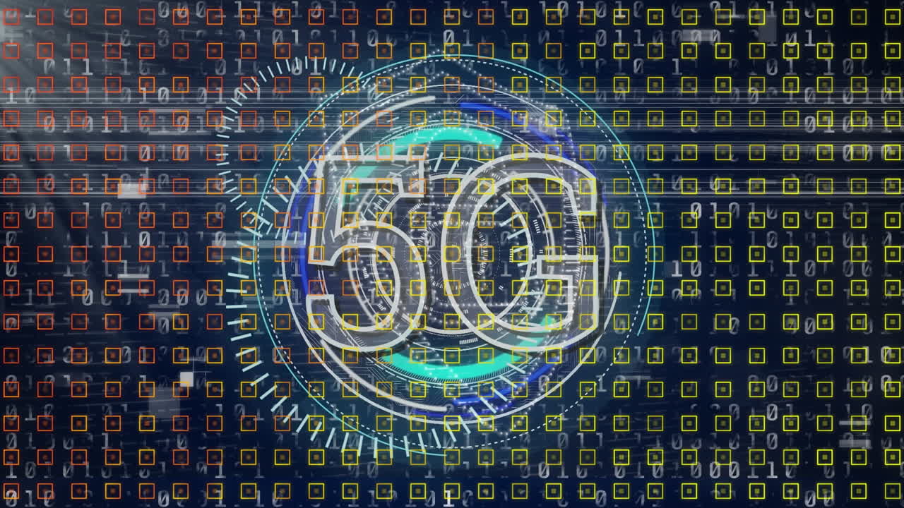 animación de texto 5g con formas y procesamiento de datos sobre fondo azul