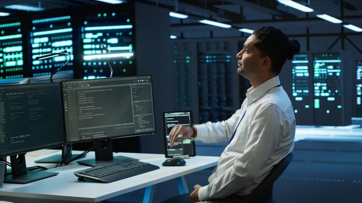 Server room worker looking at AR visualization hologram