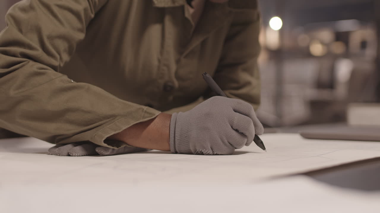 Engineer working on blueprint with pen and gloves