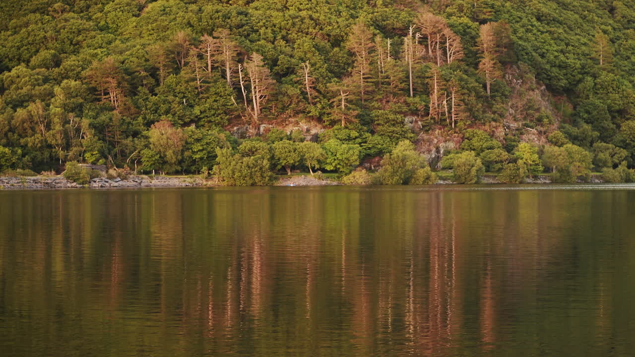 Autumn Fall Leaves - Trees with Vibrant Lake Reflection - Mountain Landscape, Static View in Snowdonia National Park