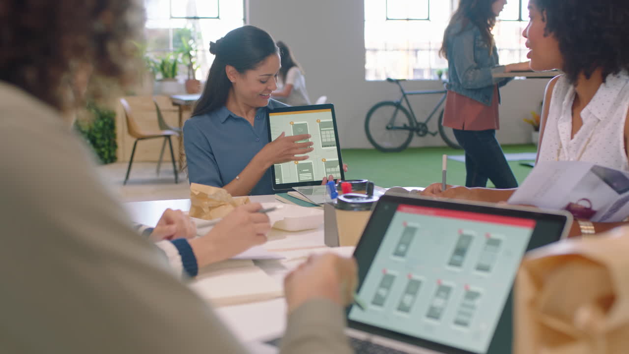 Business people, tablet and presentation for app