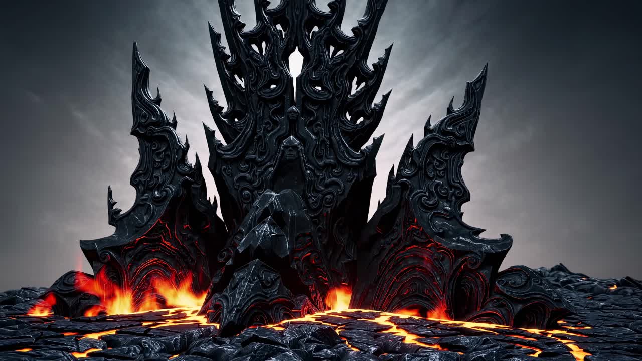 Dark Volcanic Landscape with Glowing Lava and Fantasy Throne