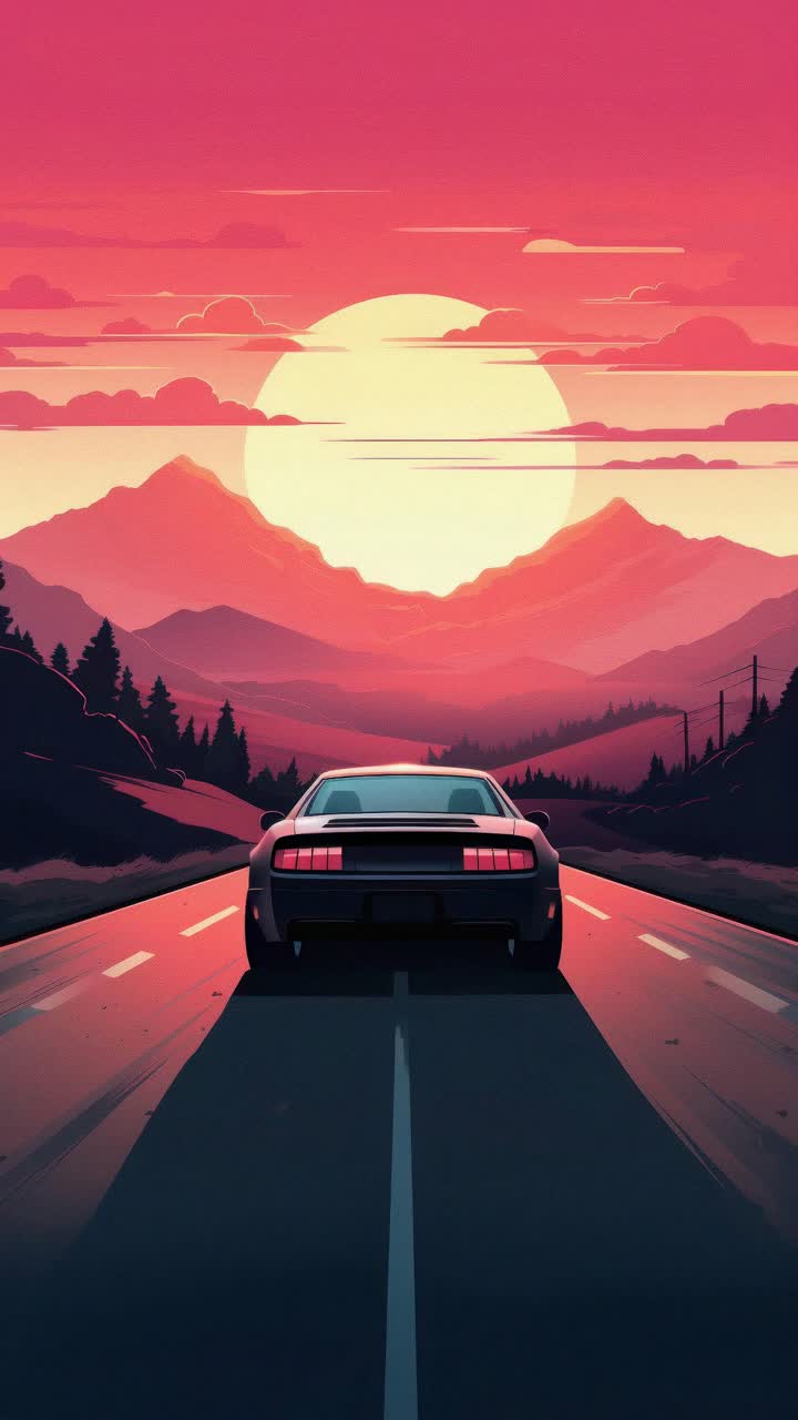 A retro-futuristic video style shows a car on a highway at sunset