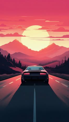 a retro-futuristic video style shows a car on a highway at sunset