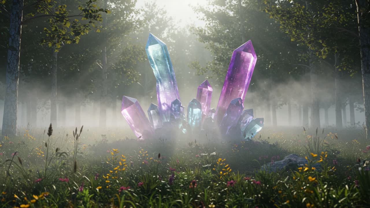 A Majestic Display of Crystal Forms Surrounded by Vibrant Flora in a Mystical Forest Setting, Emanating Magic and Beauty Amidst Enveloping Mist