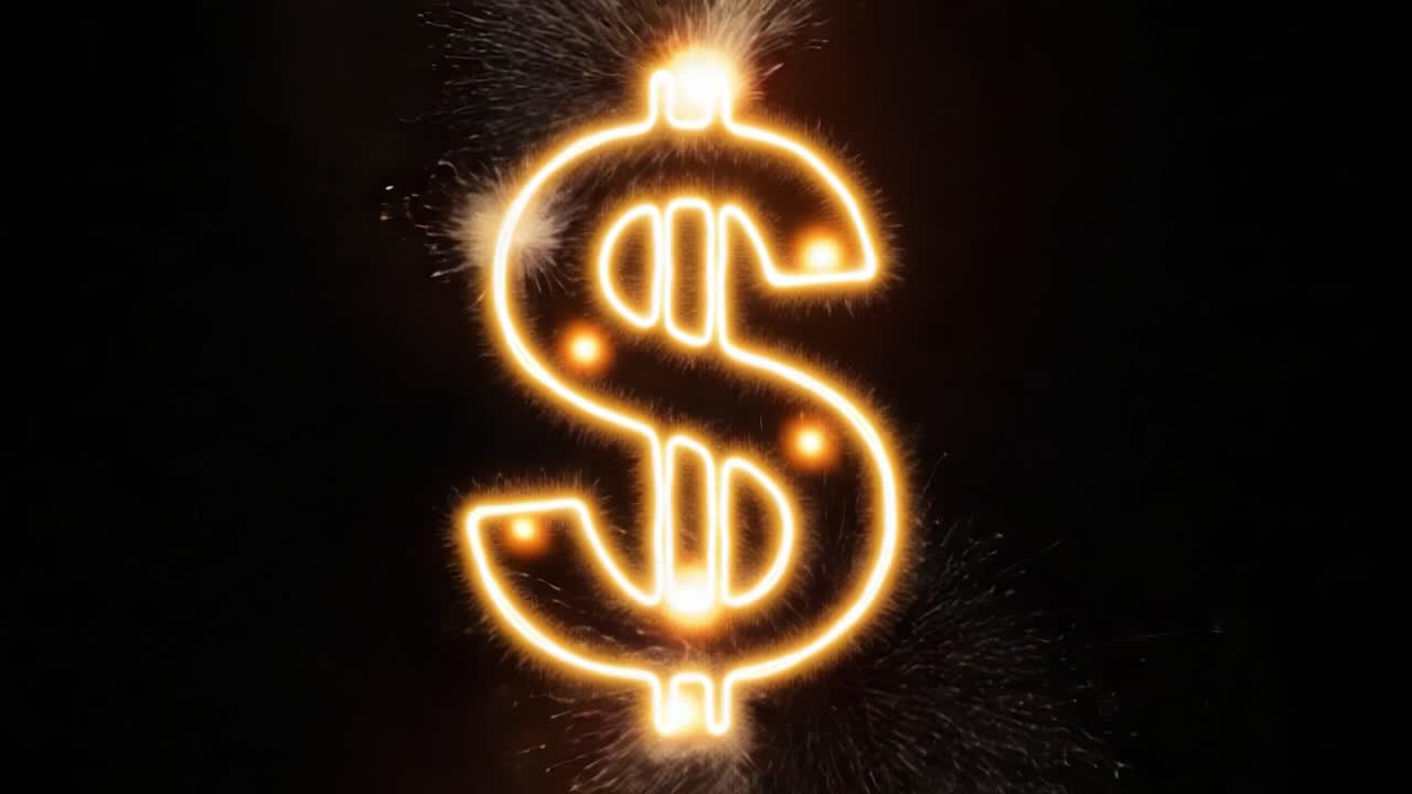 Un segno del dollaro illuminato con effetti scintillanti su uno sfondo scuro, che rappresenta ricchezza, prosperità e successo finanziario in un’accattivante visualizzazione di immagini.