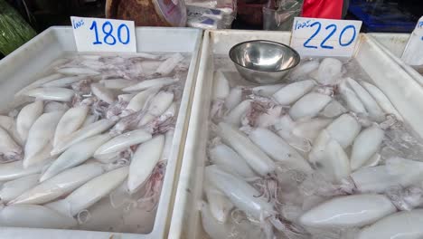 various seafood items displayed for sale at market