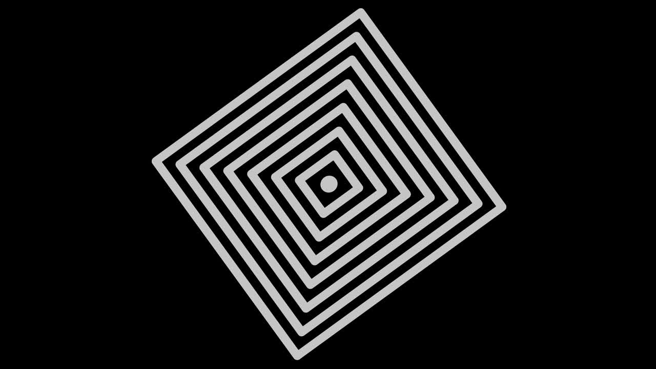 objeto gráfico en blanco y negro con efecto estroboscópico e hipnótico, que gira en el sentido de las agujas del reloj disminuyendo el tamaño de pantalla completa a desaparecer en el centro, en formato de video 16: 9