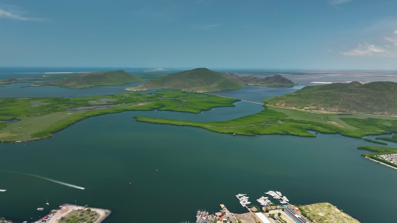 Panoramic drone shot of mountainous greenery in Topolobampo, sunny day in Mexico
