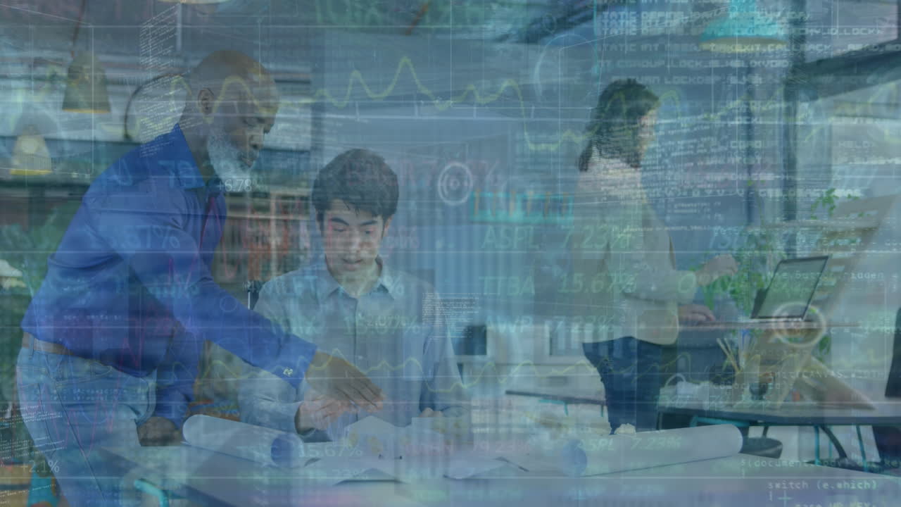 Animation of financial data processing over business people in office