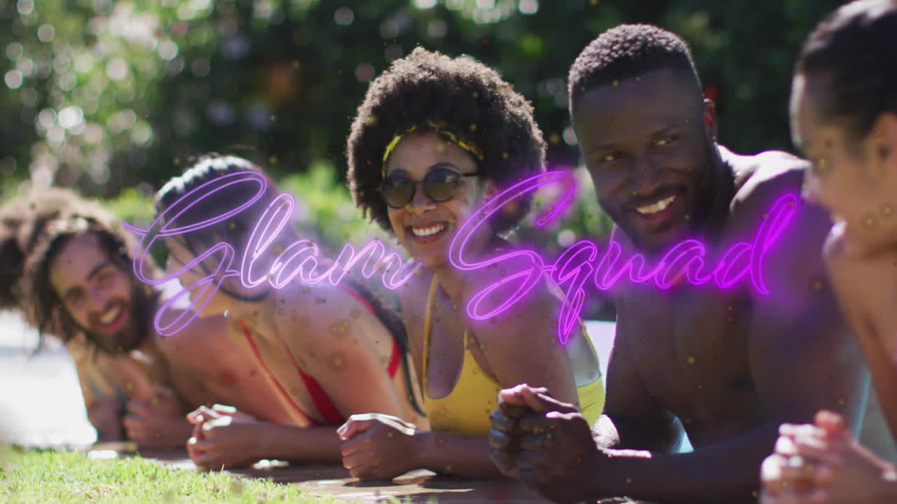 Relaxing by pool, diverse friends enjoying animation with Glam Squad text overlay