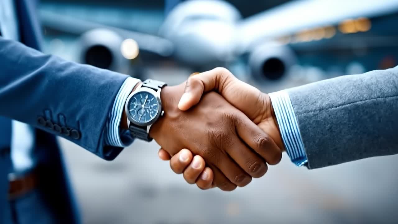 Two men shaking hands in front of an airplane