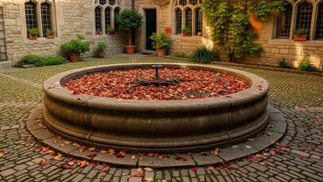a tranquil stone fountain surrounded by autumn leaves and historic architecture in a serene courtyard setting