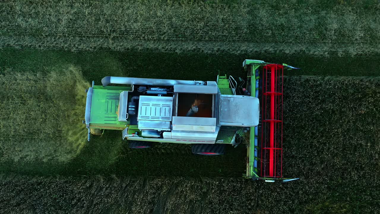 Drone view of combine harvester working in field in Latvia at twilight