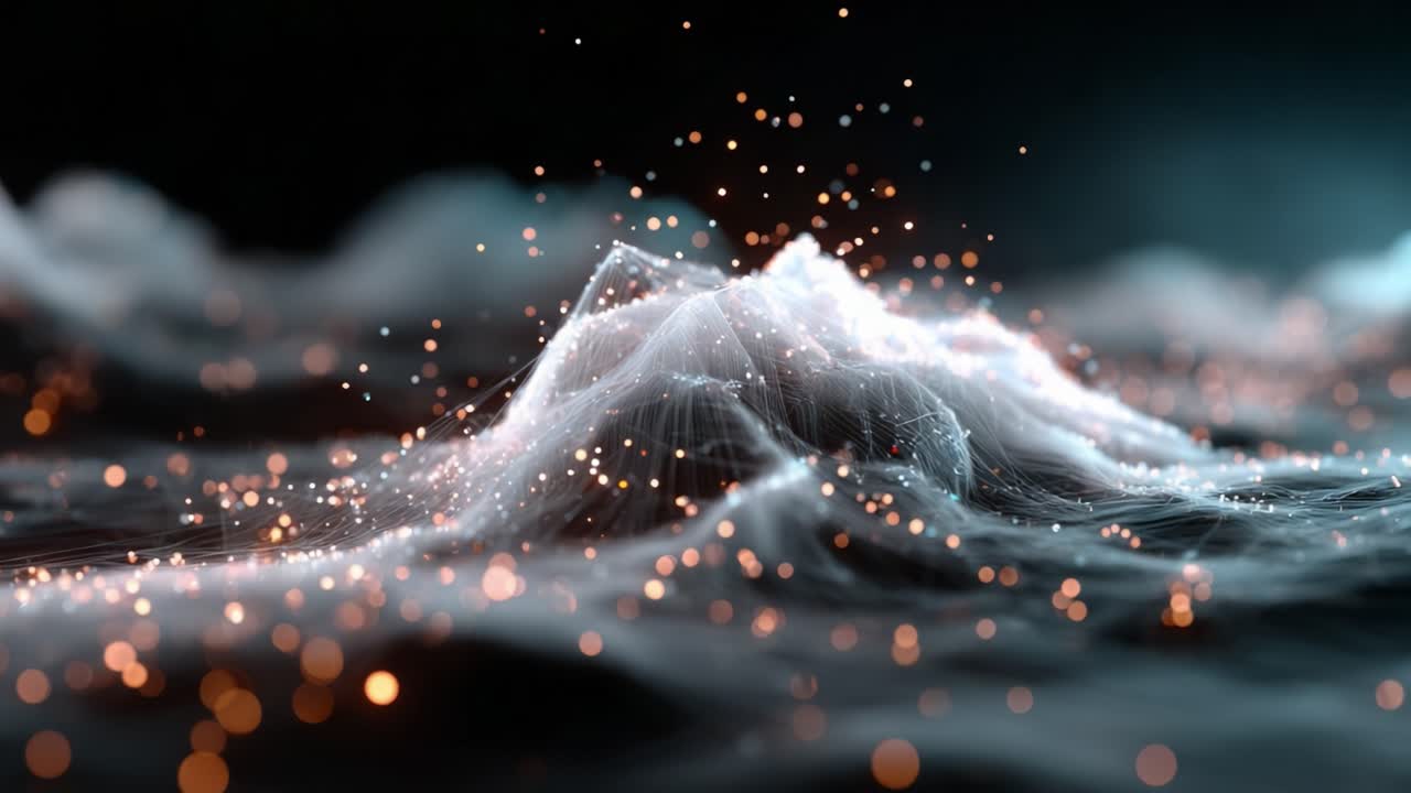 A captivating visual representation of dynamic waves illuminated by glowing particles, creating an ethereal atmosphere that blends science and art through stunning textures