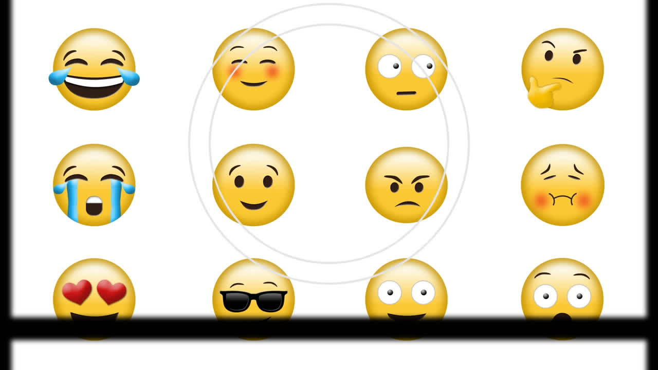 Animation of slipping frame and white rings moving over twelve various emojis, on white background