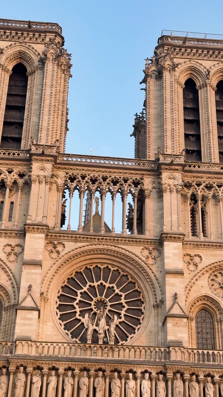 Paris'teki Notre Dame Katedrali'nin cephesini aydınlatan altın saat ışığı.