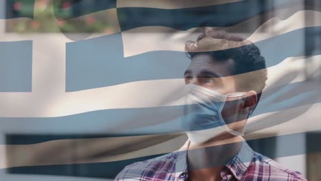 Animation-of-flag-of-greece-waving-over-man-in-face-masks