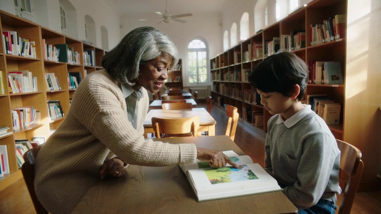 Pointing to page, woman guiding boy through picture book in library, in cardigan, teaching reading