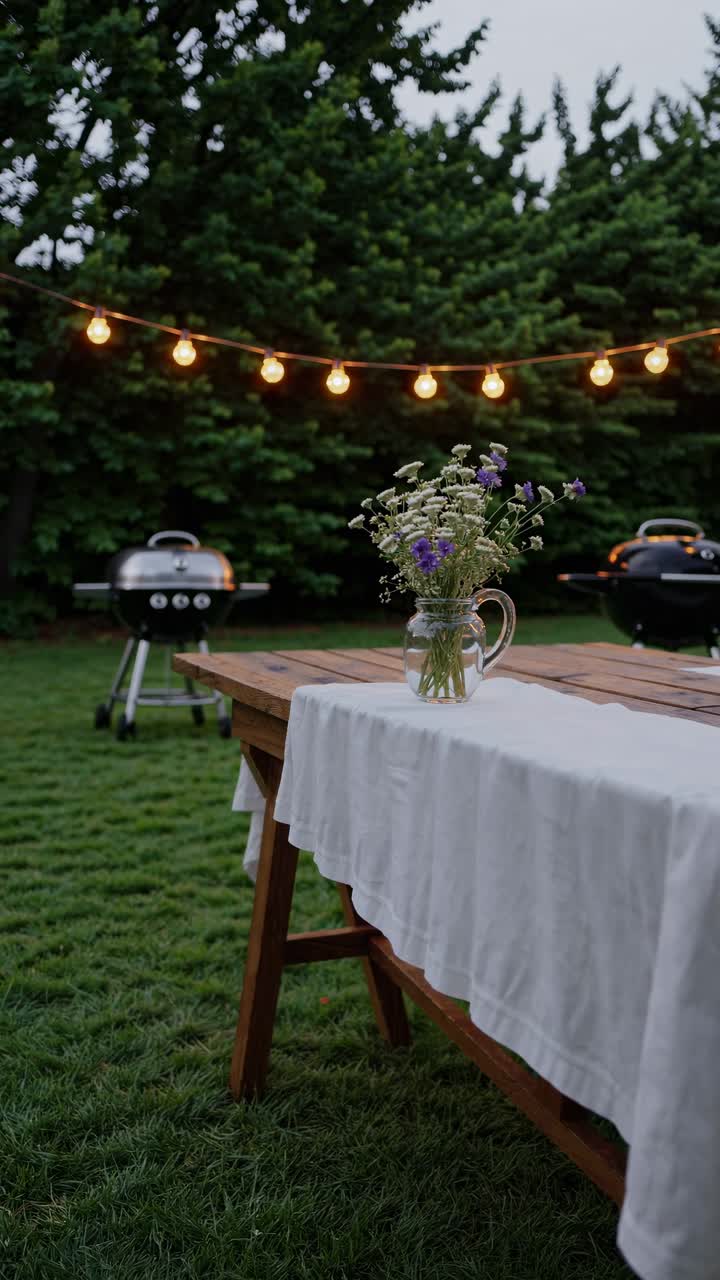 A rustic outdoor dining setup with a wooden table, wildflowers, and string lights