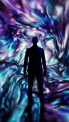 silhouette of a man in a suit against a vibrant abstract background