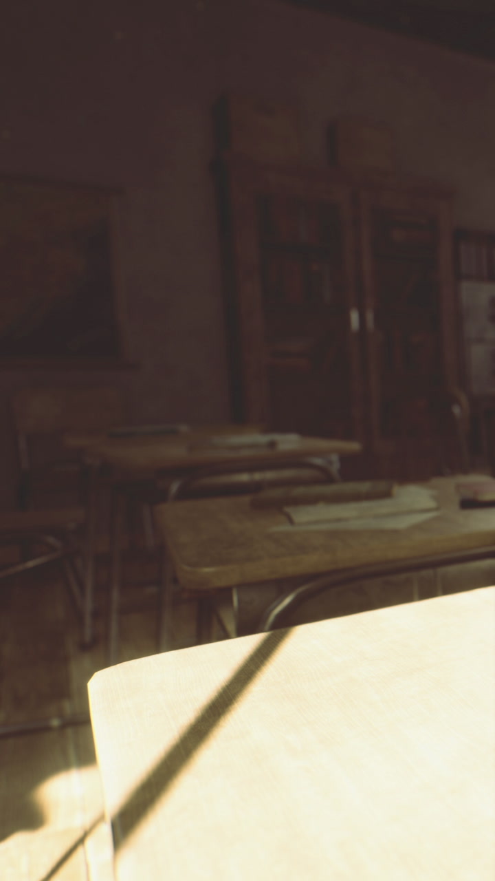 Old classroom with wood desks and shelves showing afternoon light