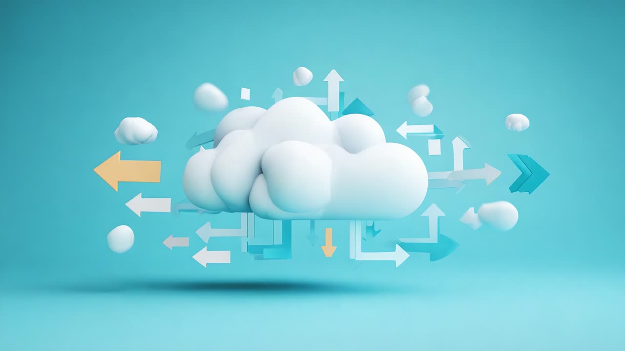 A Dynamic Cloud Concept Surrounded by Colorful Arrows Representing Direction and Movement in a Creative and Abstract Visualization of Data Flow and Network Processes
