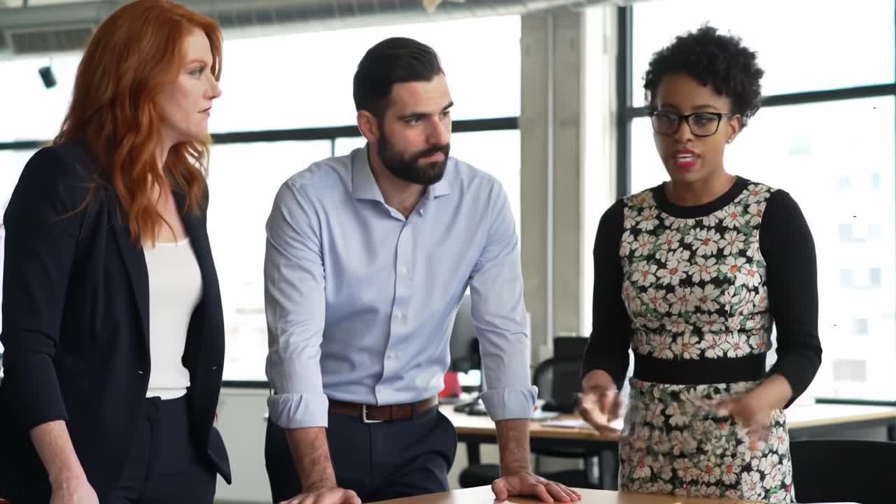 Engaging Discussion in a Modern Office: Team Collaborates on Project Strategies, Sharing Ideas and Insights for Enhanced Innovation and Productivity