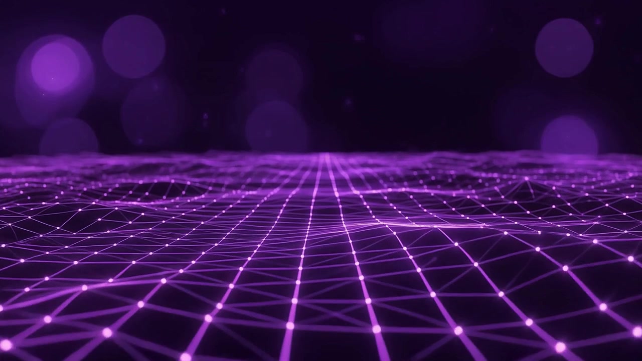 Abstract Waving Digital Grid with Glowing Purple Lines and Dots