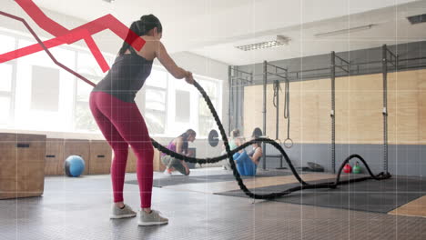 animation of graph processing data over caucasian woman cross training with battle ropes at gym