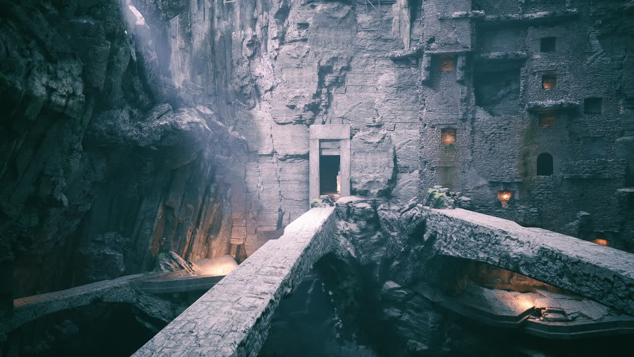 Ancient ruins with stone structures and mystical lighting in a cave