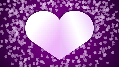 purple background video with big white love heart. movement of violet hearts. screensaver for a romantic holiday. empty copyspace for text.