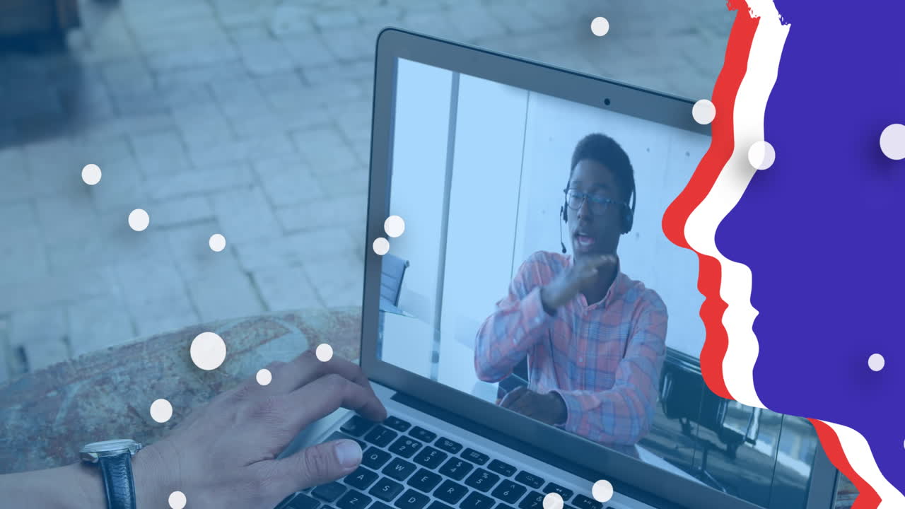 animación de puntos y rostros sobre diversas personas de negocios que tienen llamadas de video.