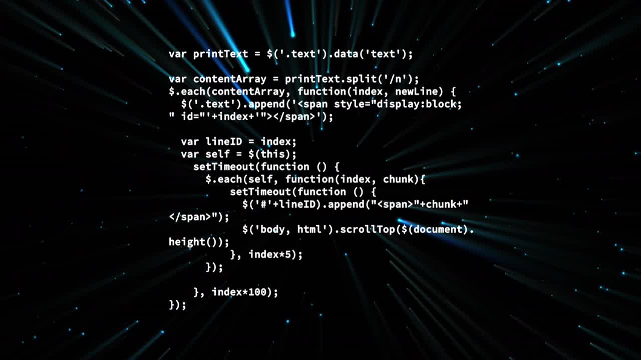 Animation of data processing over light trails on black background ...