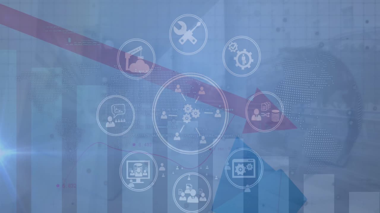 animación de una red de iconos digitales y procesamiento de datos estadísticos frente a un globo giratorio