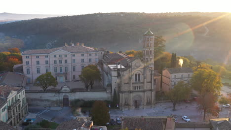 Amazing-aerial-view-of-Uzès-Cathedral-Roman-Catholic-church-France-Gard-sunrise