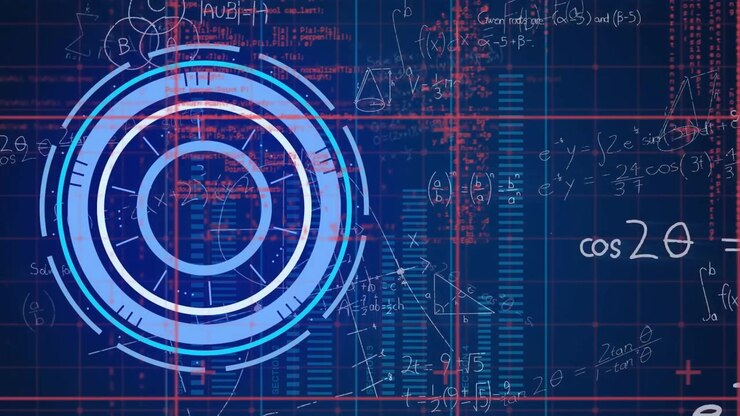 Animation of neon round scanner, data processing and mathematical equations on blue background