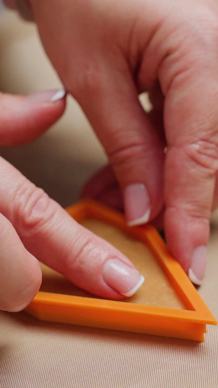 주방에서 페르가멘트 종이에 반죽을 모양으로 잘라내기 위해 오렌지 터를 사용하는 여성의 근접 사진, 롤링 핀과 다른 기 도구로 기 위해 반죽을 준비합니다.