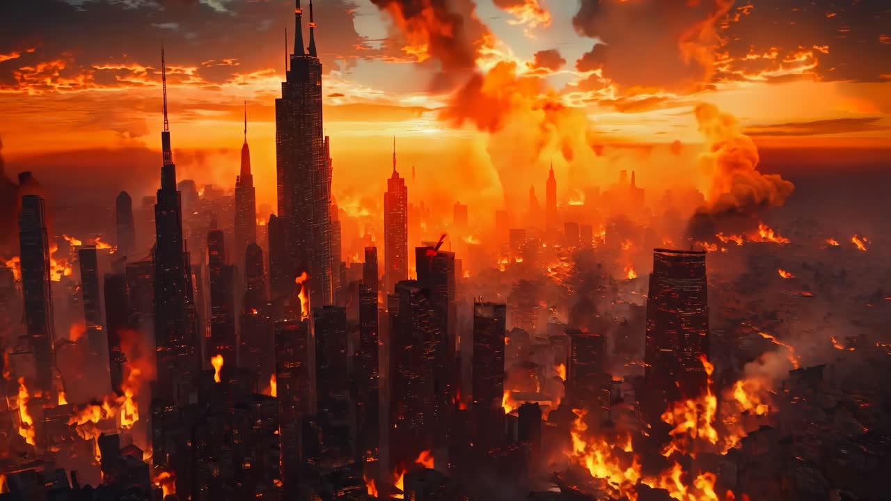 해가 지면 불타는 도시의 한가운데에 있는 도시