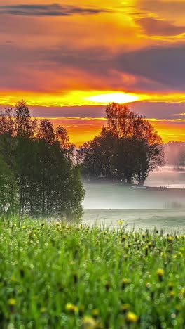 timelapse of fiery orange sunset casting warm light over tree silhouettes as fog and mist swirl, yellow daisy flowers in field