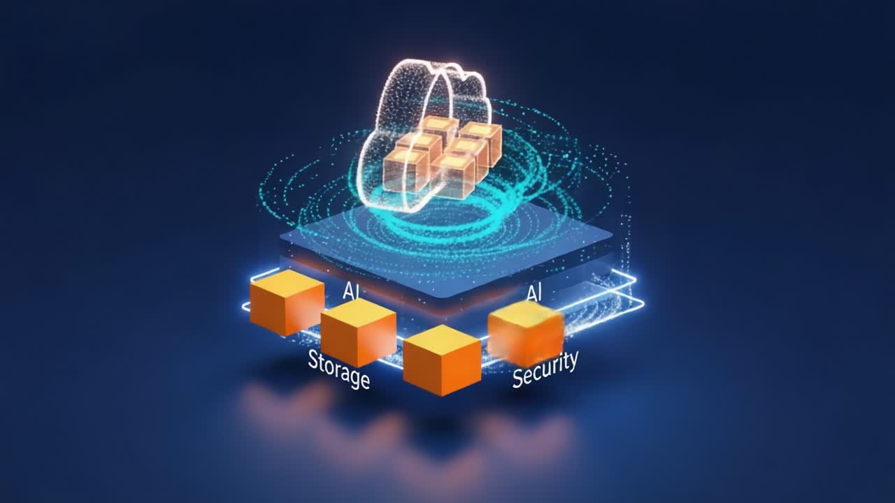 Visual Representation of Cloud Architecture Highlighting the Integration of AI, Storage, and Security for Efficient Data Management and Processing