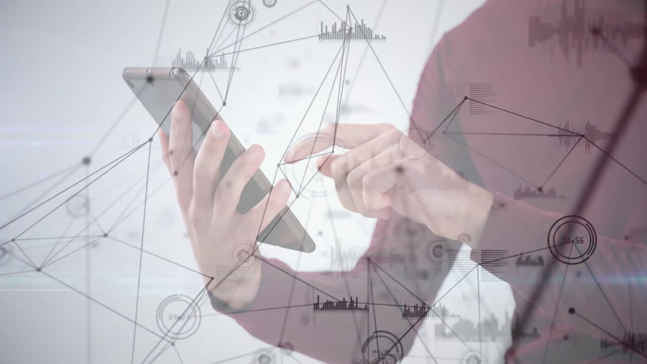 스마트폰을 사용하는 사람, 네트워크 연결과 데이터 애니메이션과 상호 작용하는 사람