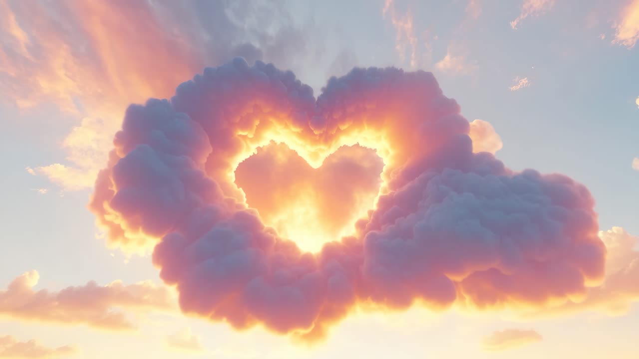Aerial view of heart-shaped clouds glowing with sunlight, creating a romantic and dreamy atmosphere