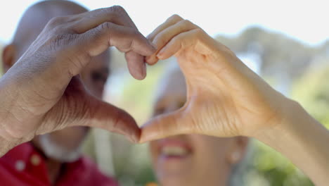 happy senior biracial couple making heart gesture in sunny garden at home, slow motion