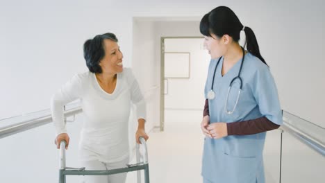 young doctor greeting senior female patient using a walking frame in hospital 4k