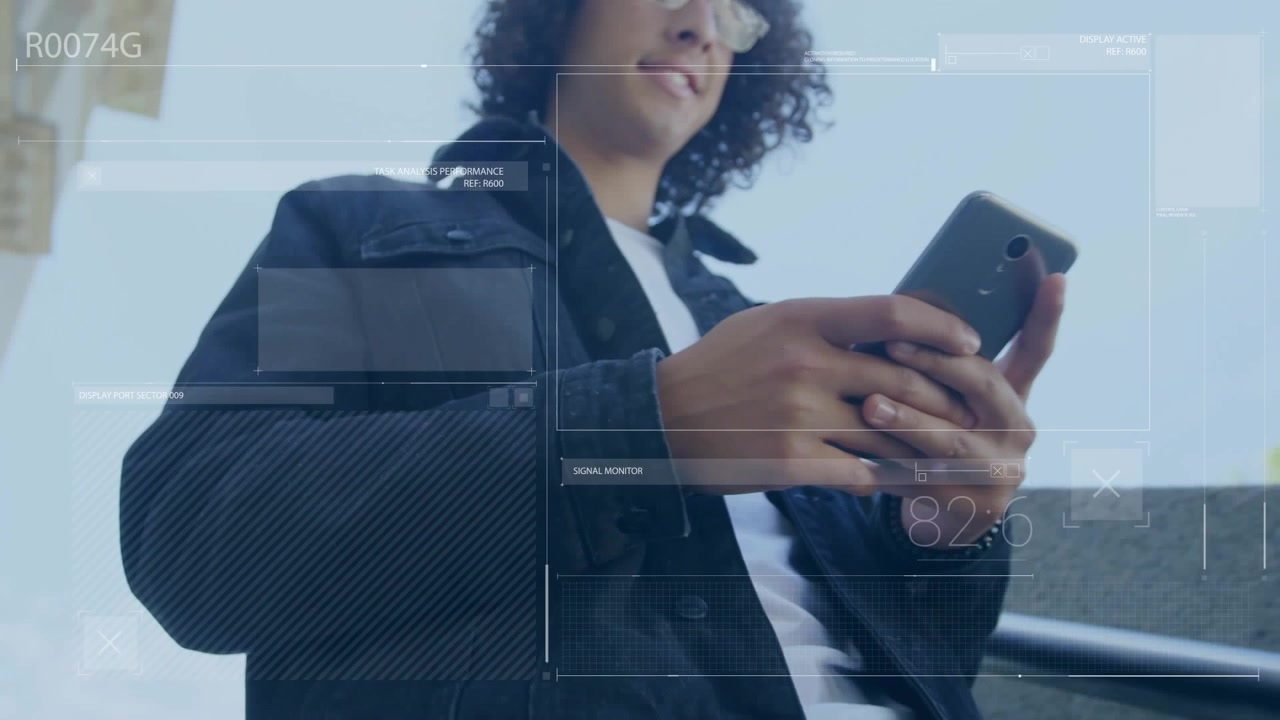Animation of data processing over man using smartphone