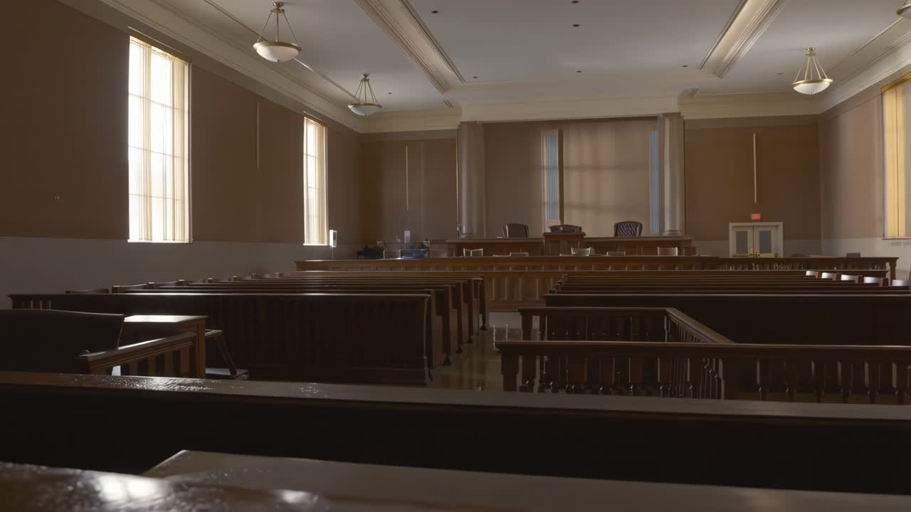 Empty Courtroom Interior with Benches and Judge's Stand