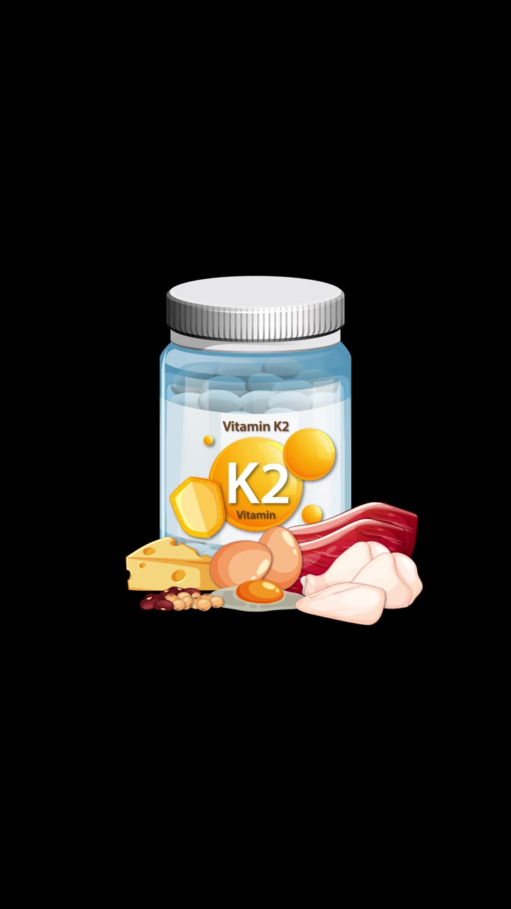 Flacone di Vitamina K2 con formaggio, carne, uova e icone di cibo su sfondo nero, formato verticale.